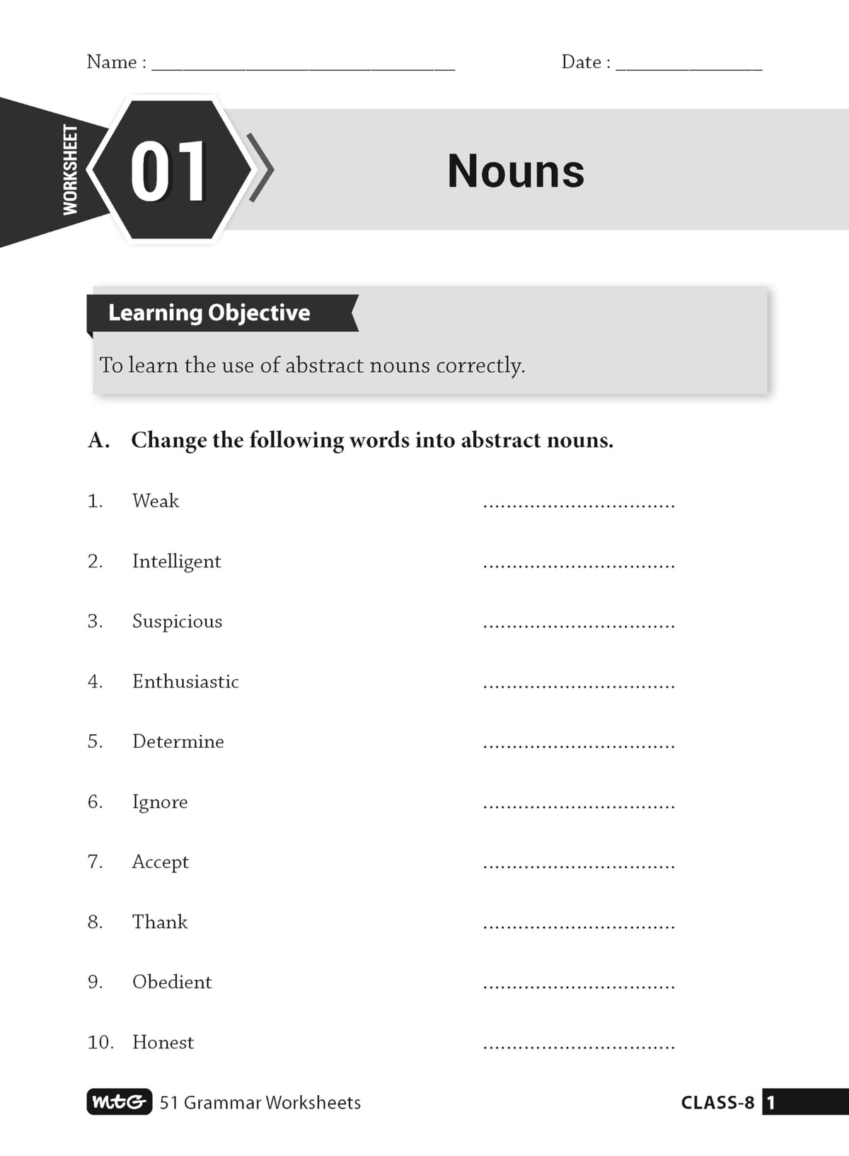 MTG 51 English Grammar Worksheets Class 8 – Grammar Work books to practice English concepts in interactive way (Based on CBSE/NCERT)