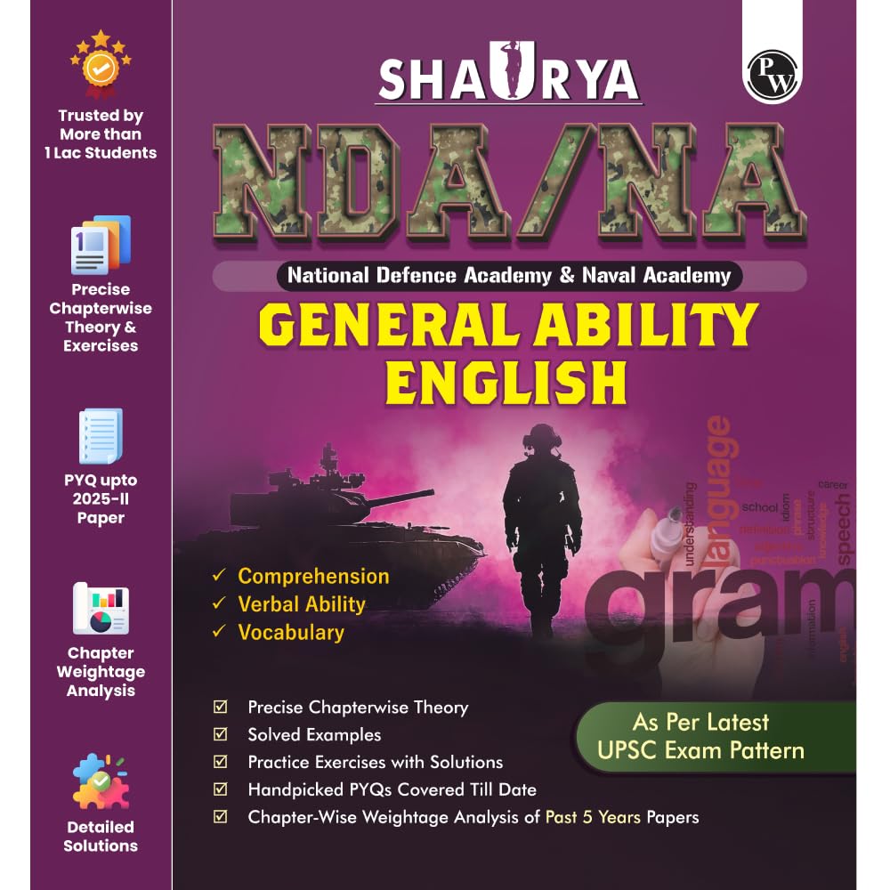 PW Shaurya NDA Book 2026 – NDA/NA General Ability English | Latest 2025 Solved Paper | Comprehension, Verbal Ability, Vocabulary | Chapterwise Theory, PYQs, Practice Exercises