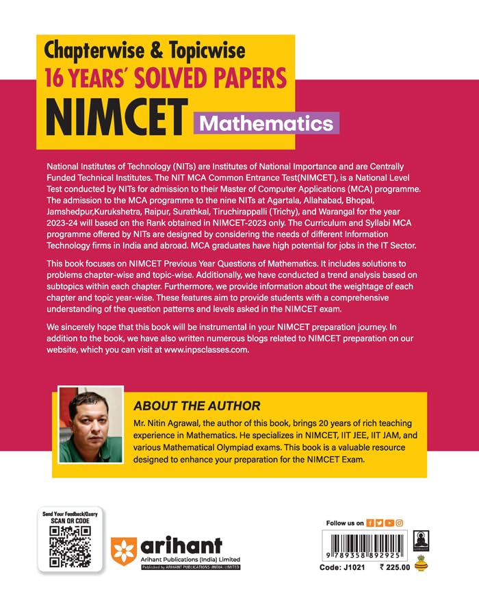 Arihant NIMCET 16 Years Chapterwise & Topicwise Solved Papers Mathematics For 2024 Exams