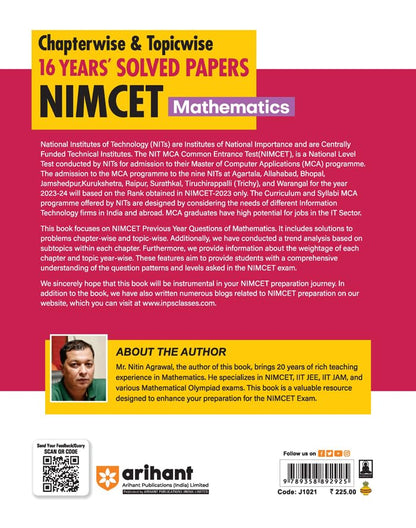 Arihant NIMCET 16 Years Chapterwise & Topicwise Solved Papers Mathematics For 2024 Exams