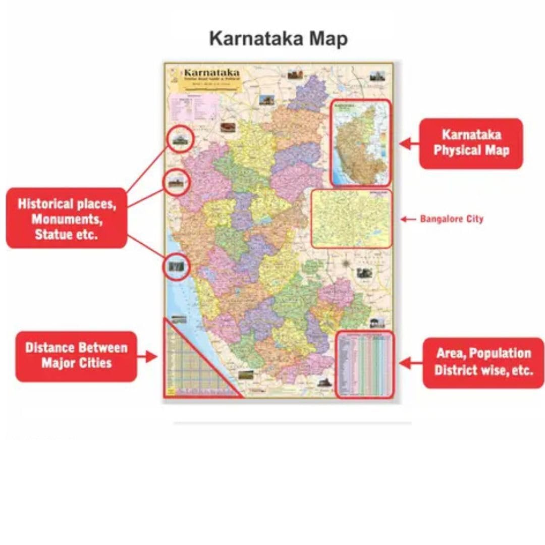 Karnataka State Maps Size : 100x70 cm (40"x28" inch) With Important Fact and Figure. Ideal Map for UPSC, PCS, SSC, RAILAWAY'S, State Exams and Other Competitive Exams. Updated Map.