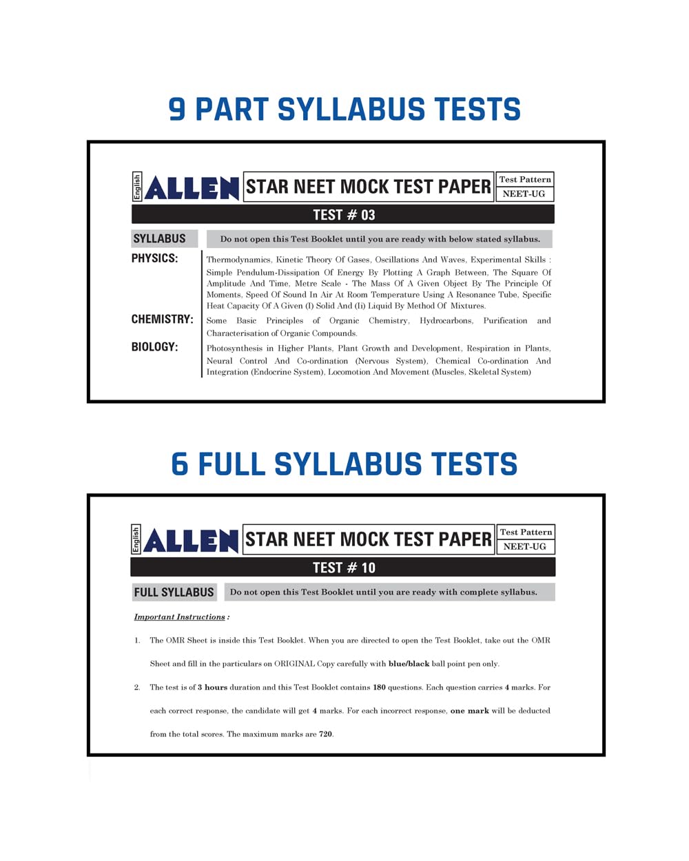 ALLEN STAR NEET Mock Test Papers With Solutions in English | 15 Mock Tests (9 Part Syllabus + 6 Full Syllabus) as per Latest NTA Pattern ( 15 OMR ... Year Paper Analysis | Target NEET-UG 2027