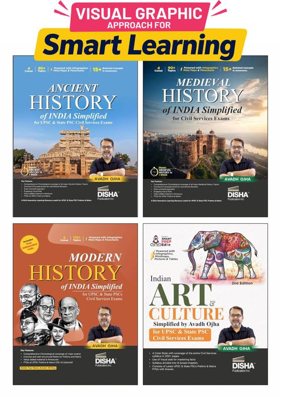 Disha Combo (set of 4 Books) Ancient, Medieval, Modern History of India, Art & Culture Simplified by Avadh Ojha for UPSC & State PSC Civil Services Prelims & Mains | 4 color