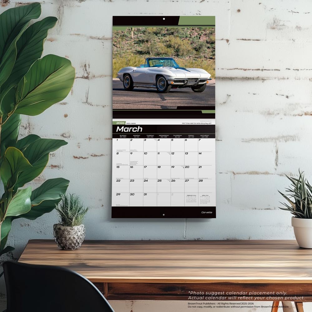 Corvette OFFICIAL | 2026 12 x 24 Inch (Hanging) Monthly Square Wall Calendar | Plastic-Free | BrownTrout | Chevrolet Motor Muscle Car