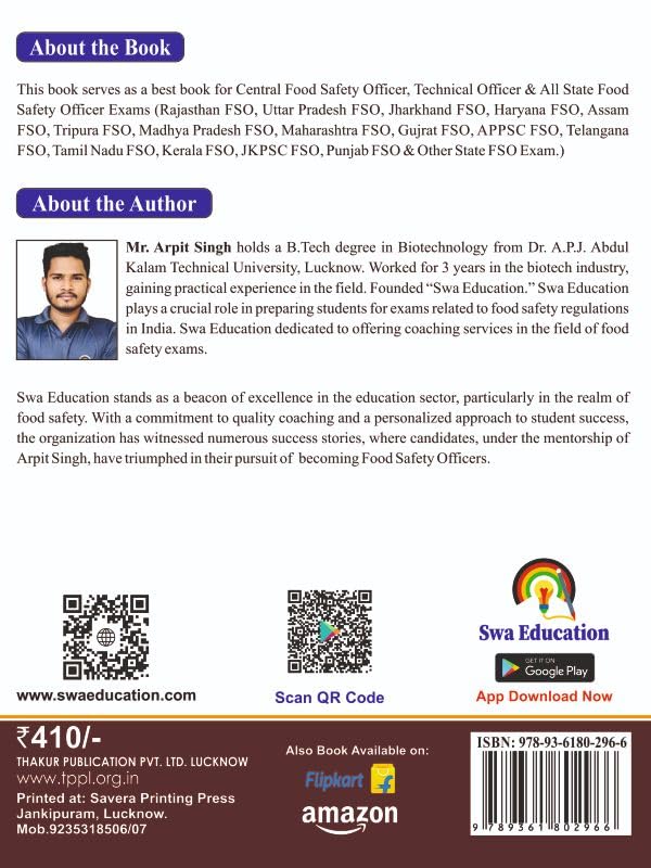 Handbook of FSSAI & Food Law, Food Safety Act 2006 , FSSAI Book by Swa Education, For All Food Safety Related Exam.
