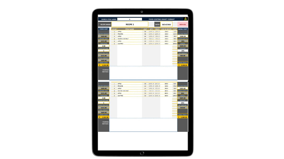 Food Cost Format pro for Mobile and PC in Excel Format for lifetime use ,No cd ( Email Delivery) within 2 hour