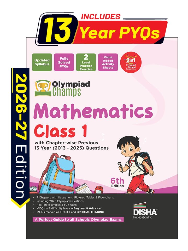 Disha Olympiad Champs Mathematics Class 1 with Chapter-wise Previous 13 Year (2013 - 2025) Questions 6th Edition | Complete Prep Guide with Theory, PYQs, Past & Practice Exercise