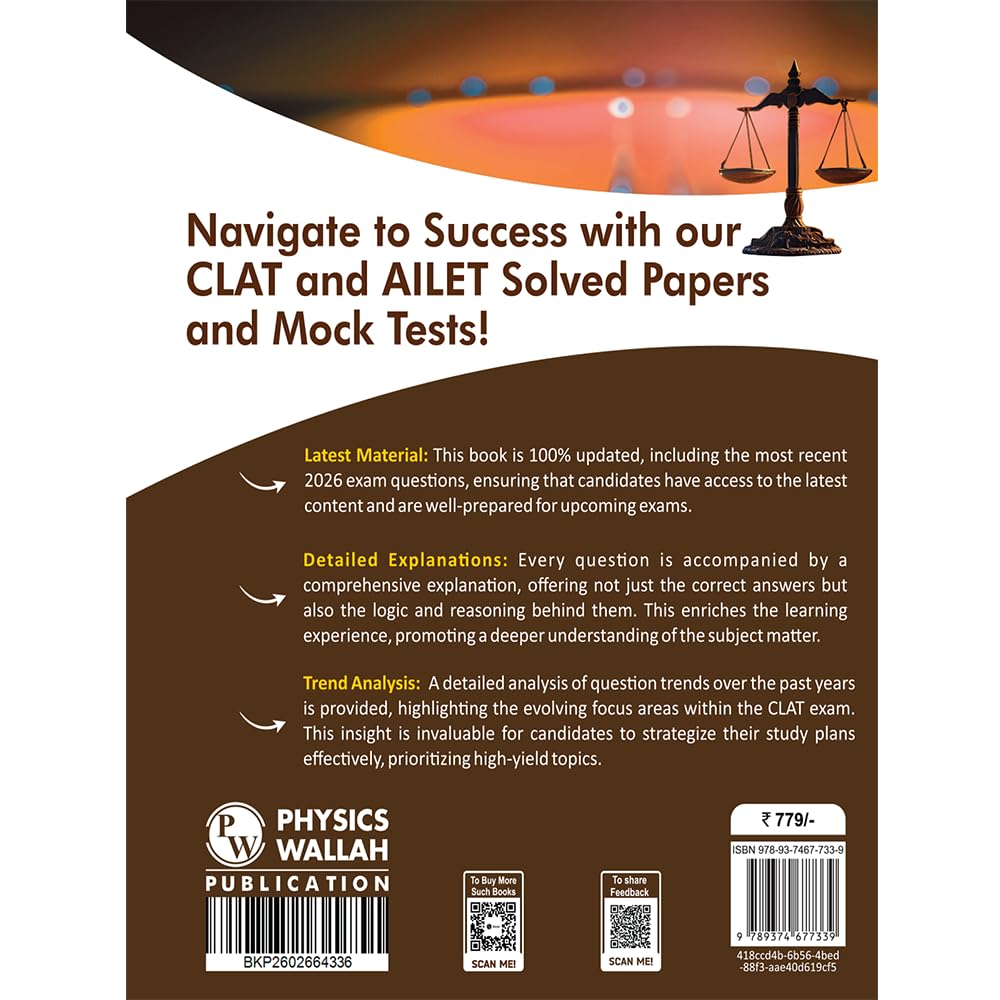 PW CLAT & AILET 14 Previous Years Solved Papers (2020-2026) Yearwise with Detailed Explanation For 2027 Exam