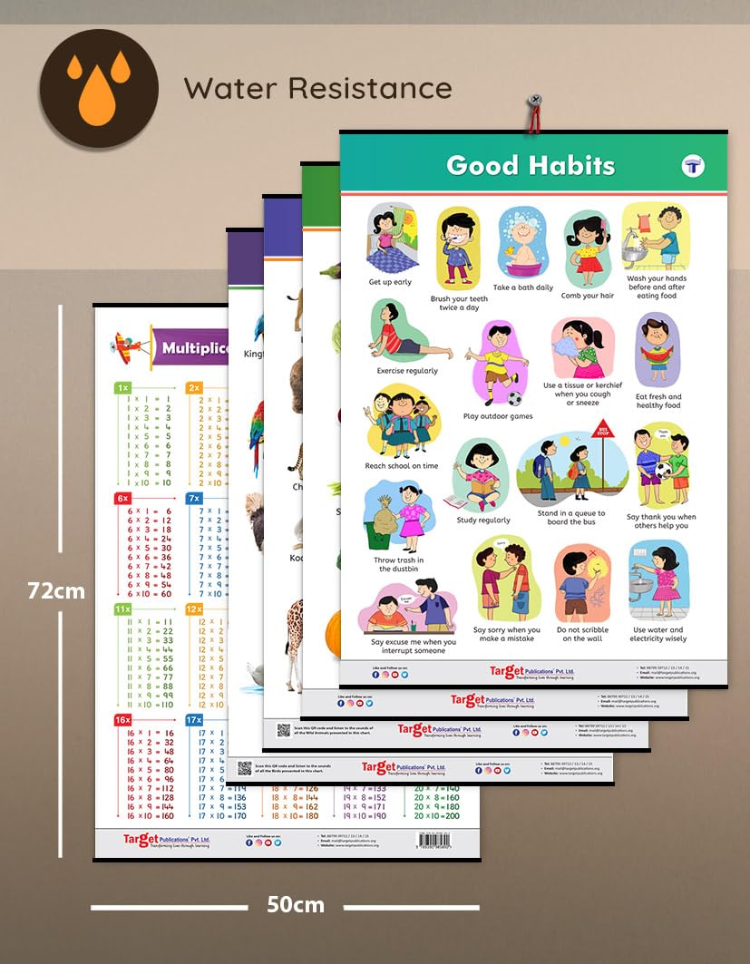 All in One Charts for Kids Age 2+ Years (72 x 49.5 cm) | 7 Charts | Alphabet, Numbers, Animals, Birds & Good Habits | Education Wall Posters with Pictures for Preschool & Nursery | Water Resistant