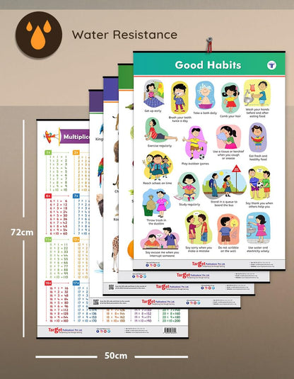 All in One Charts for Kids Age 2+ Years (72 x 49.5 cm) | 7 Charts | Alphabet, Numbers, Animals, Birds & Good Habits | Education Wall Posters with Pictures for Preschool & Nursery | Water Resistant