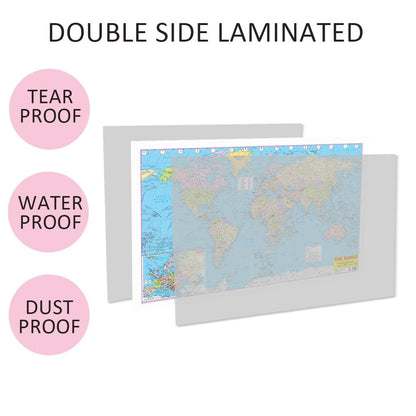 World Map Educational Wall Chart – Double-Sided Laminated Poster with Detailed Continents, Countries & Oceans, Learn Geography, Ideal for Kids, Students, School, Classroom & Home Learning, 48x73 cm