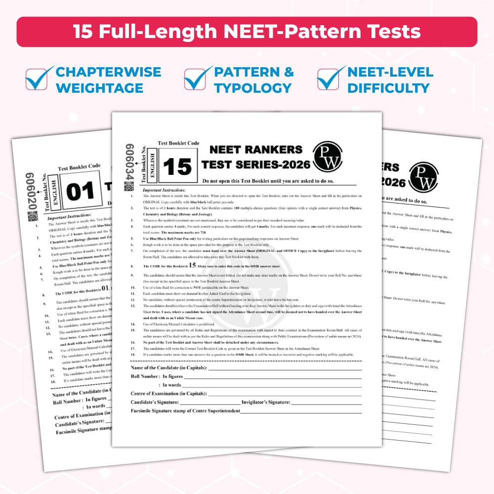 PW NTA 15 NEET Rankers Test Series 2026 | Expert Verified & Curated | 15 NEET-Like Test Booklets, 15 OMR Sheets, Solution Booklet, Rank Predictor & ... [Paperback] [Jan 08, 2026] Physics Wallah
