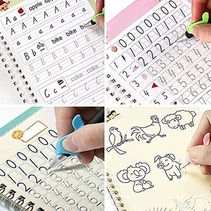 QOZWEID Magic Calligraphy, Homeschool Supplies, Preschool workbook, Numbers & English & Drawing & Mathematics Auto Fade Pen & 4 Books - 10 Riffile 1 Grip 1 pen (model -2026) size 19x3 cm