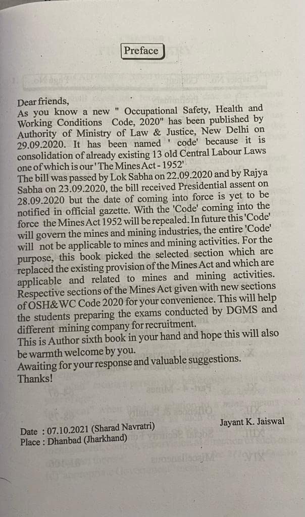 OSHWCC-2020, The Occupational Safety, Health and working conditions Code-2020, Mining Book, Mining Exam Book, DGMS Exam,1st &2nd Class, Overman, ... Exam, Seema Prakashan, J K Jaiswal