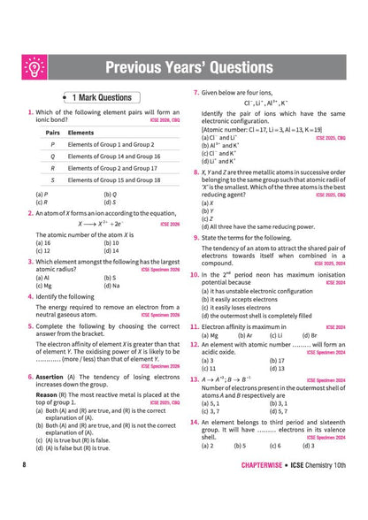 Arihant ICSE Question Bank Class 10 Chemistry For Board Exam 2027 | 26 Years Chapterwise & Topicwise PYQs (2026–2001) with Detailed Step-by-Step Solutions, Examiner's Comments, Tips & 3 Sample Papers