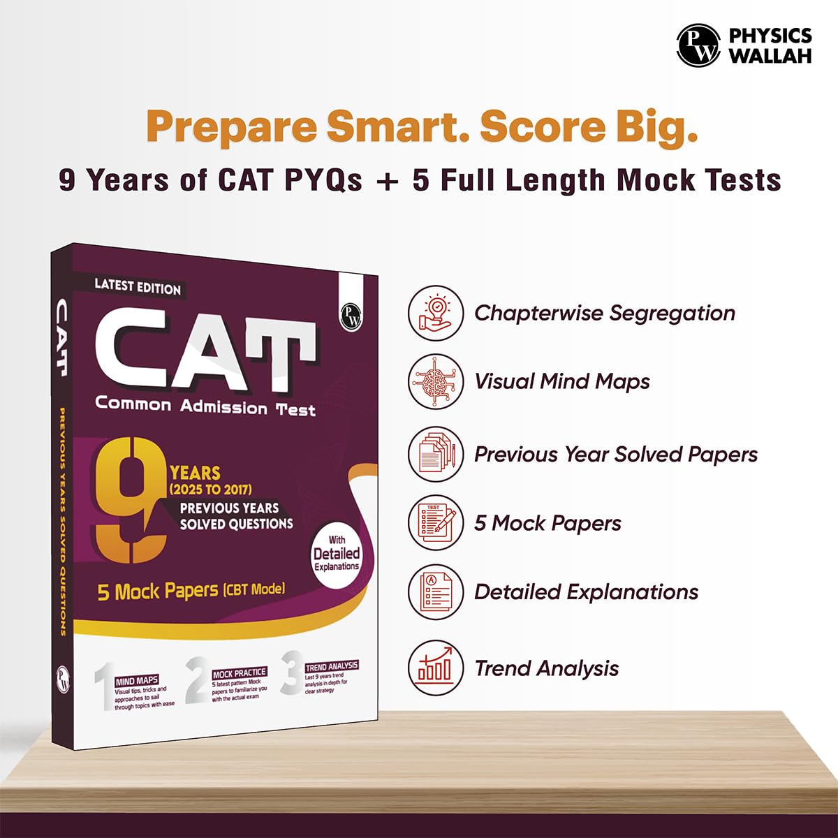 PW CAT 9 Years Chapterwise & Topicwise Previous Years Solved Questions (2025-2017) and 5 Mock Papers (CBT Mode) with Detailed Explanations | Included Mind Maps & Trend Analysis