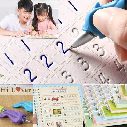 Sank Magic Practice Copybook, (4 BOOK + 10 REFILL+ 1 Pen +1 Grip) Number Tracing Book for Preschoolers with Pen, Magic Calligraphy Copybook Set Practical Reusable Writing Tool Simple Hand Lettering