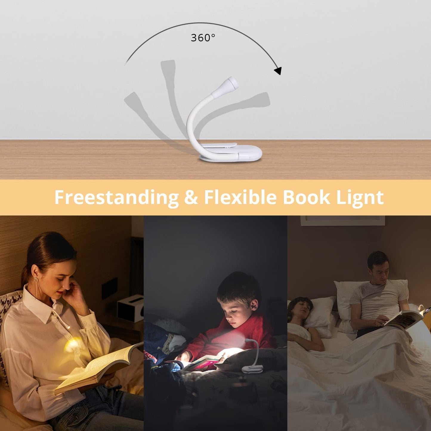 Clip-On LED Book Reading Lamp – 3 Modes, Eye-Caring, Portable (White)