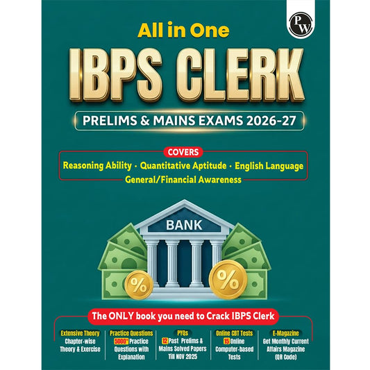 PW All in One IBPS Clerk 2026 Book Prelims & Mains Exams | Chapterwise Theory and Exercises | 12 Previous Year Solved Papers PYQ Till Oct 2025 and 15 Online CBT Tests English Edition