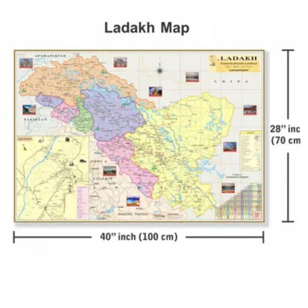 Ladakh Map. Both Maps Size : 40"x28" inch (100x70 Centimeter). In English Language With Important Fact and Figure. Ideal Map For Student and Aspirant of UPSC, PCS, SSC, RAILWAY Exam