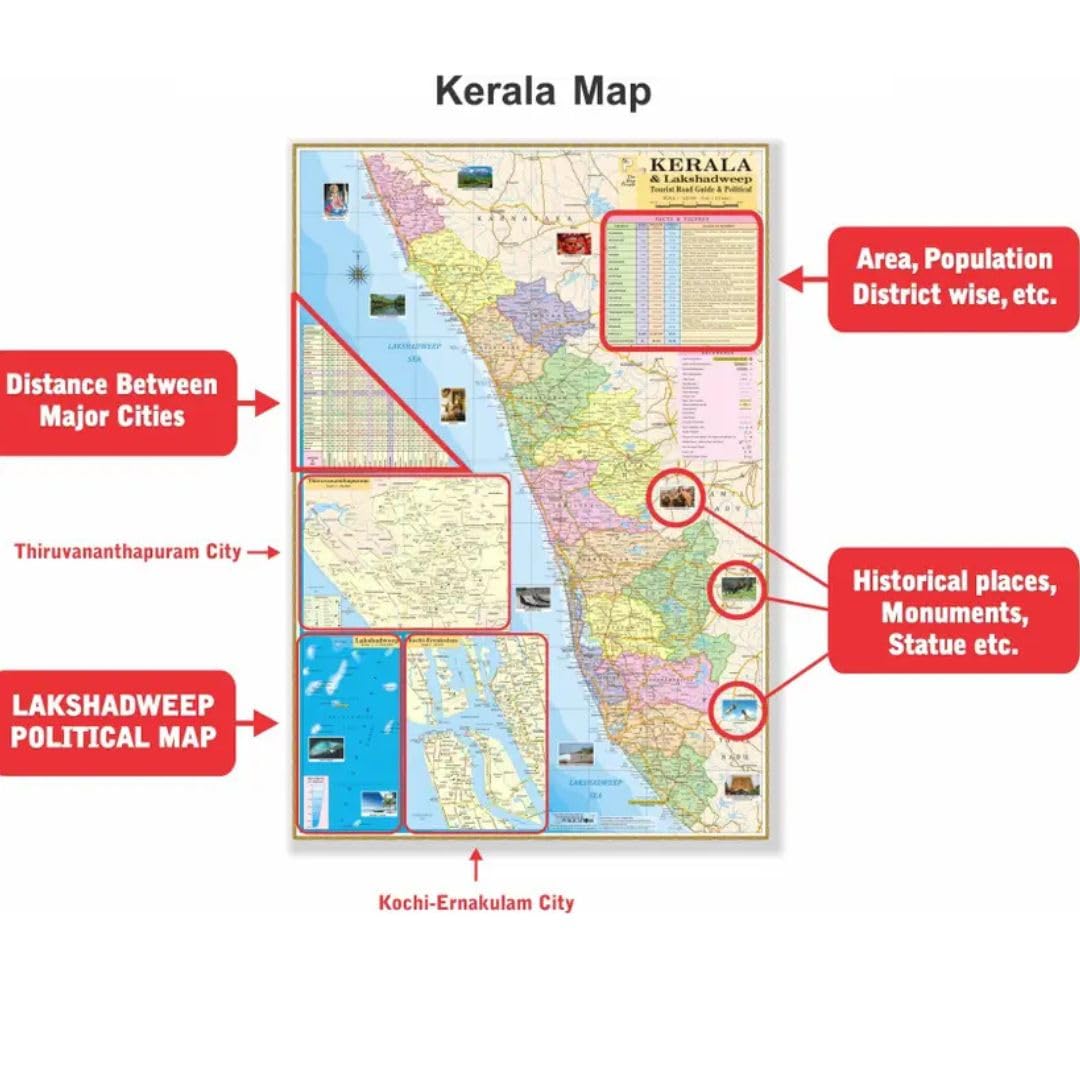 Kerala State Map Size : 100x70 Centimeter (40"x28" inch). With Important Fact and Figure. Ideal Map For Aspirant of UPSC, PCS, SSC, RAILWAY Exam and Other Competitive Exam.