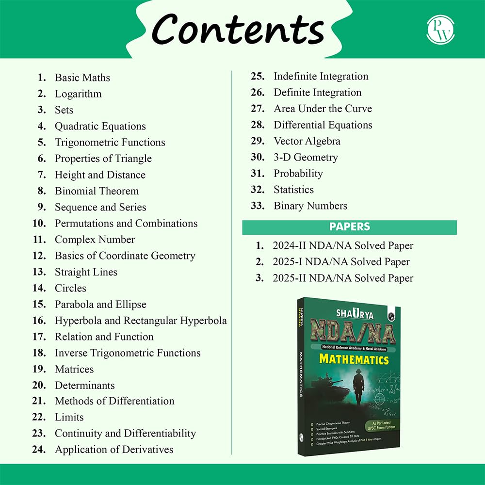 PW Shaurya NDA Book 2026 – NDA/NA Mathematics | Latest 2025 Solved Paper | Chapterwise Theory, Solved Examples, Practice Exercises | For National Defence Academy & Naval Academy