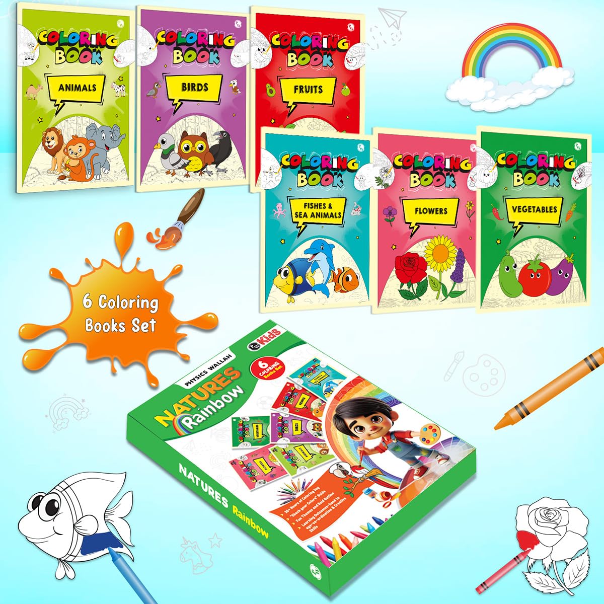 Copy Colour Book For Kids Set of 6 Books - Animals, Birds, Fishes & Sea Animals, Fruits, Vegetables, Cartoons | 2 to 6 Years Old | Ideal Birthday Gift Set for Growing Kids [Paperback] PW