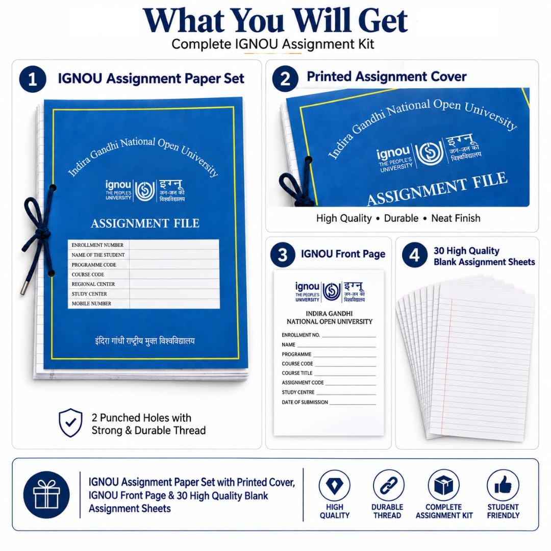 IGNOU Assignment File Kit for 4 Subjects with Front Page, ID Card Page & 30 Ruled Sheets per File, Pack of 4