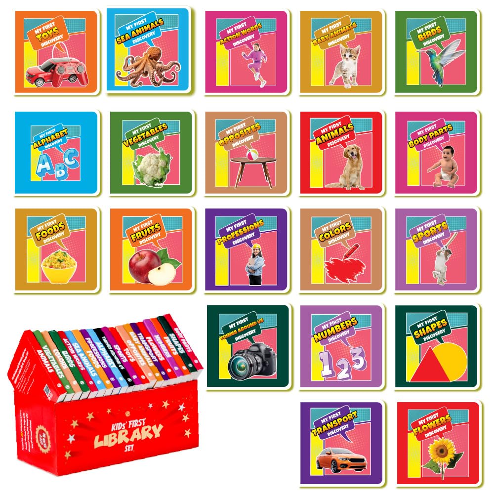 Kids' First Library Boxset of 20 Board Books, Early Learning Educational Book for Toddlers, Books for 1-3 Year Old, Animals, Fruits, Vegetables, Transport, Toys
