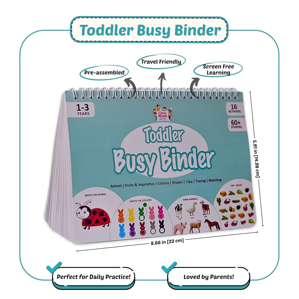 Little Minds at Work Toddler Busy Binder Activity Book for Kids 1 - 4 Years | 16 Reusable Early Learning Preschool Montessori Activities | Travel-Friendly, Screen-Free Educational Toy