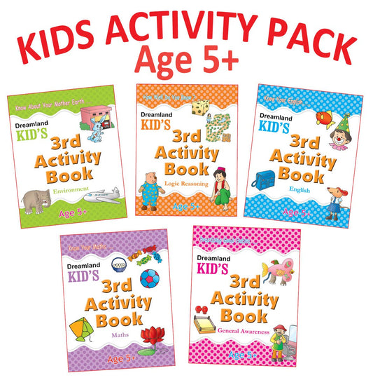 Kid's Activity Age 5+ - Pack (5 Titles- English  Maths  Environment  General Awareness  Logic Reasoning) by Dreamland Publications (Author) book cover