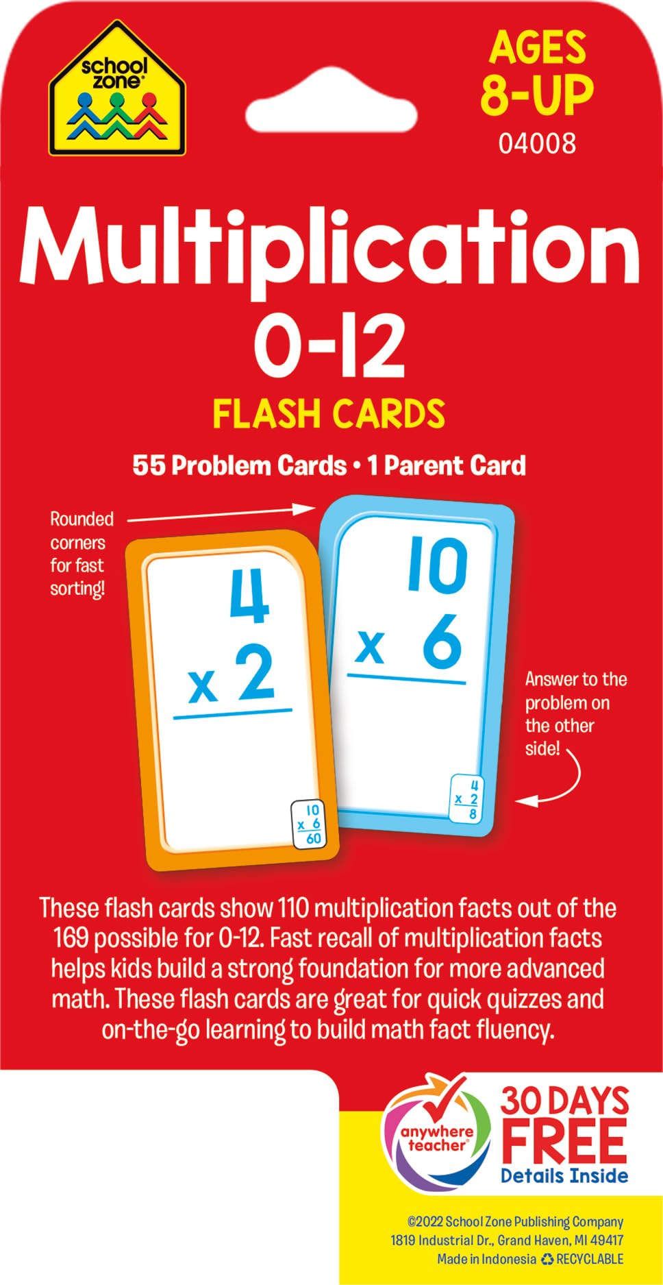School Zone Multiplication 0-12 Flash Cards: 56 Math Cards, 3rd Grade, 4th Grade, Elementary Math, Multiplication Facts, Common Core, Ages 8+, Packaging May Vary