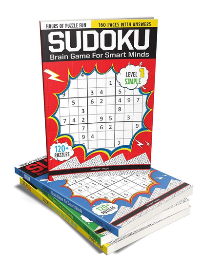 Sudoku-Brain Games For Smart Minds Box Set of 4 Books : Brain Booster Puzzles for Kids,480+ Fun Game