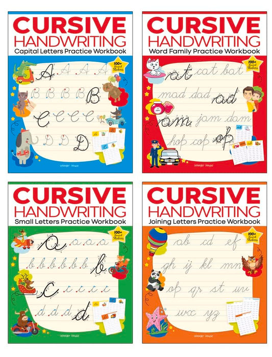 Cursive Handwriting Practice Workbooks (Set of 4): Small Letters, Capital Letters, Joining Letters & Word Families | Level 1 | Ages 5–8 | Build Writing Skills with Fun Exercises
