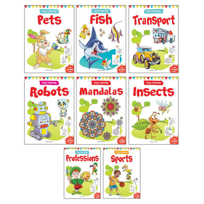 Let’S Color - Copy Color Art Pack Of 8 Books (Transport, Professions, Pets, Fish, Insects, Robots, Mandalas And Sports) - 3 Years To 8 Years