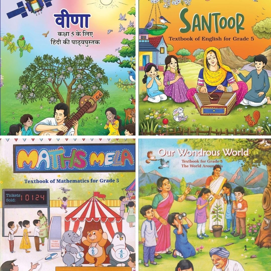 NCERT Class 5 Textbook Set (Pack of 4) – Veena, Santoor, Maths Mela & Our Wondrous World | Latest 2025–26 Edition | Hindi, English, Maths & EVS Books for Class 5 | Updated Curriculum