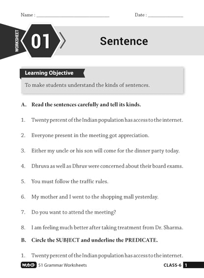 MTG 51 English Grammar Worksheets Class 6 – Grammar Work books to practice English concepts in interactive way (Based on CBSE/NCERT)