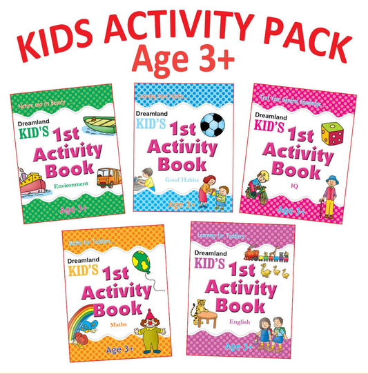 Kid's Activity Age 3+ - Pack (5 Titles- English  Maths  Environment  Good Habits  IQ) by Dreamland Publications book cover