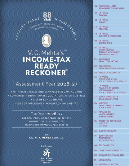 V.G.Mehta's Income Tax Ready Reckoner (DTRR) - AYs 2026-27 - 88th Edition - [Finance Act 2026] - As per ITA 1961 | ITA 2025 | ITR 2026