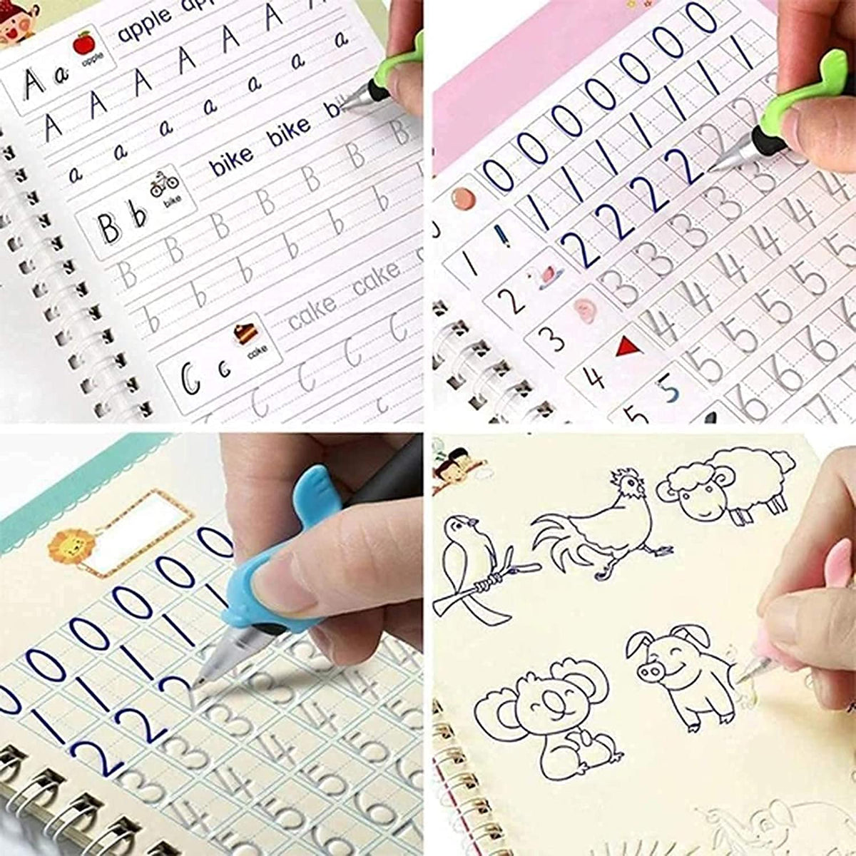 QOZWEID Magic Calligraphy, Homeschool Supplies, Preschool workbook, Numbers & English & Drawing & Mathematics Auto Fade Pen & 4 Books - 10 Riffile 1 Grip 1 pen (model -2026) size 19x3 cm
