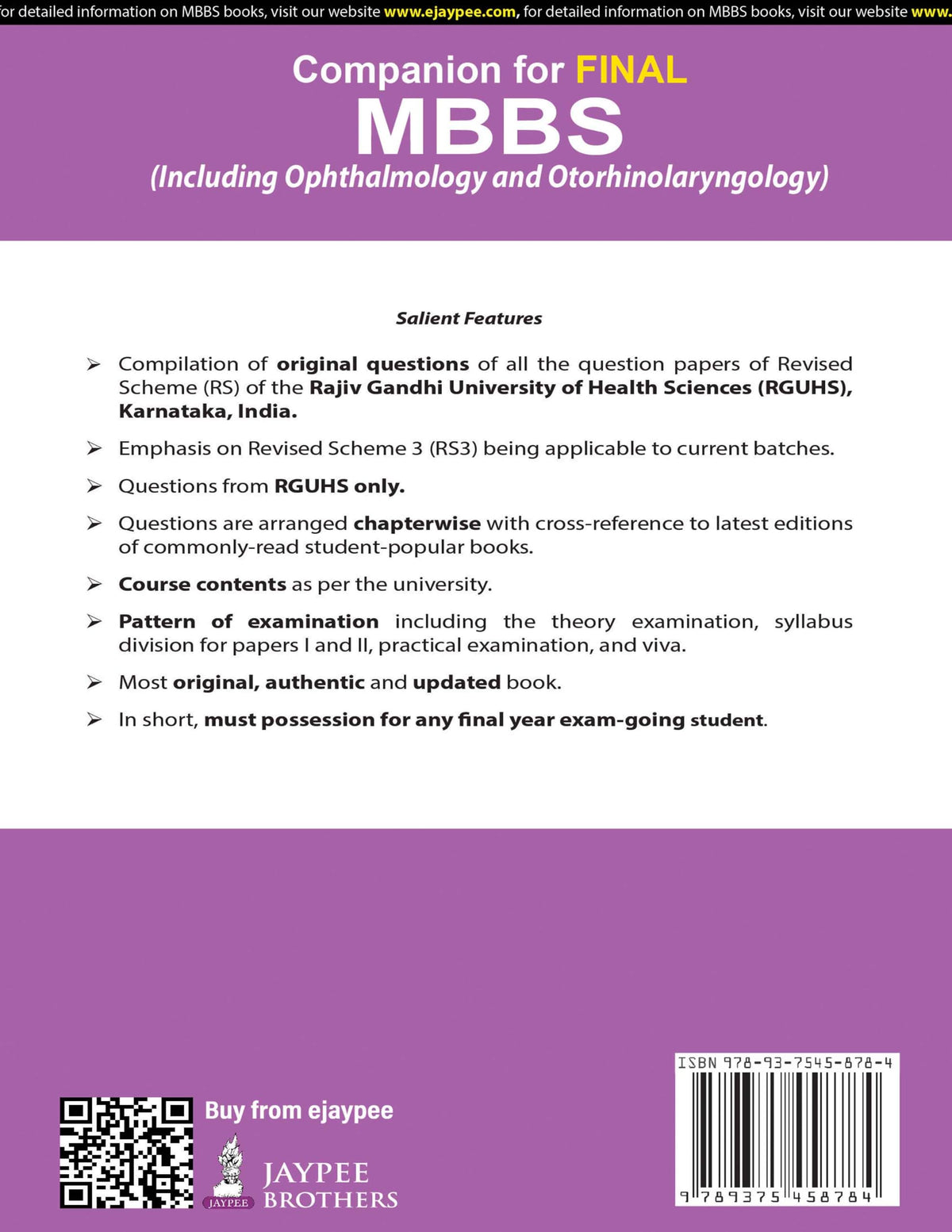 Companion for Final MBBS, 17/E (Including Ophthalmology and Otorhinolaryngology) for RGUHS Karnataka Final Year Students | Chapterwise Solved Papers with Textbook Cross-References | RS3