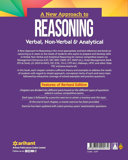 Arihant A New Approach to Reasoning (Verbal, Non-Verbal & Analytical) Exam 2025 | Revised Edition by BS Sijwali and Indu Sijwali | Complete Reasoning Book for SSC, Bank, UPSC, CAT, MAT, CMAT, CLAT, RRB & Other Competitive Exams | English Medium