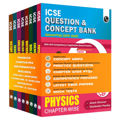 PW Class 10 ICSE Question & Concept Bank 2027 Physics, Chemistry, Maths, Biology, English Paper 1 (Language), English Paper 2 (Literature), Geography, History and Civics Combo Set of 8 Books