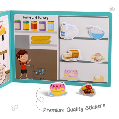 Intelliskills Premium Pick N' Stick Food Montessori Activity Busy Book with Reusable Stickers|Early Learning Activity Book for 2+Years Old|Sticker Book For Kids|Best Birthday Gift for Children|English