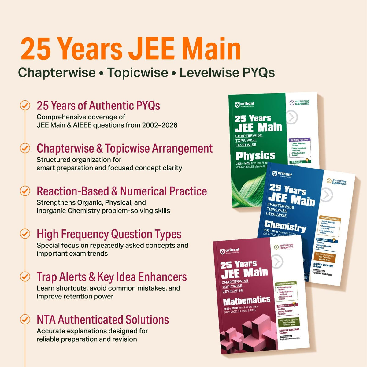 Arihant 25 Years JEE Main Chemistry | Chapterwise Topicwise Levelwise 3500+ MCQs (2026–2002) for JEE Main & AIEEE | NTA Authenticated Answers & Topicwise Worksheets | Key Ideas, Concept Enhancer