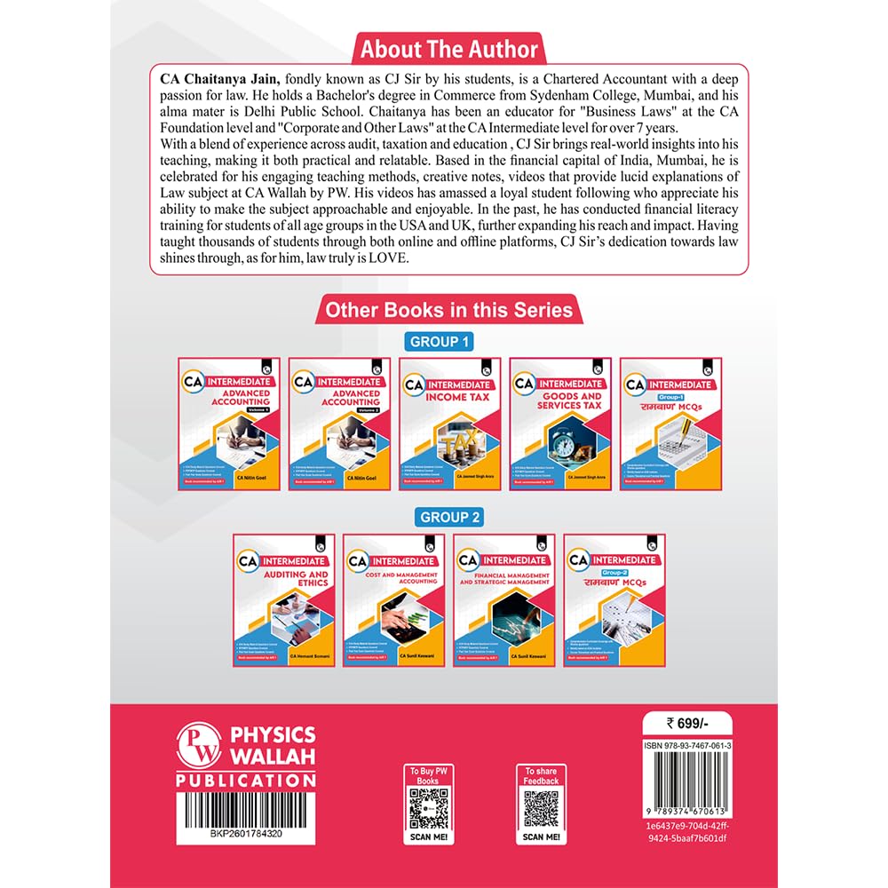 PW CA Intermediate Corporate & Other Laws Concept Book By Chaitanya Jain | ICAI Aligned Content, PYQs, Practice Questions, Detailed Solutions, Latest Syllabus For Jan 2027 Exams