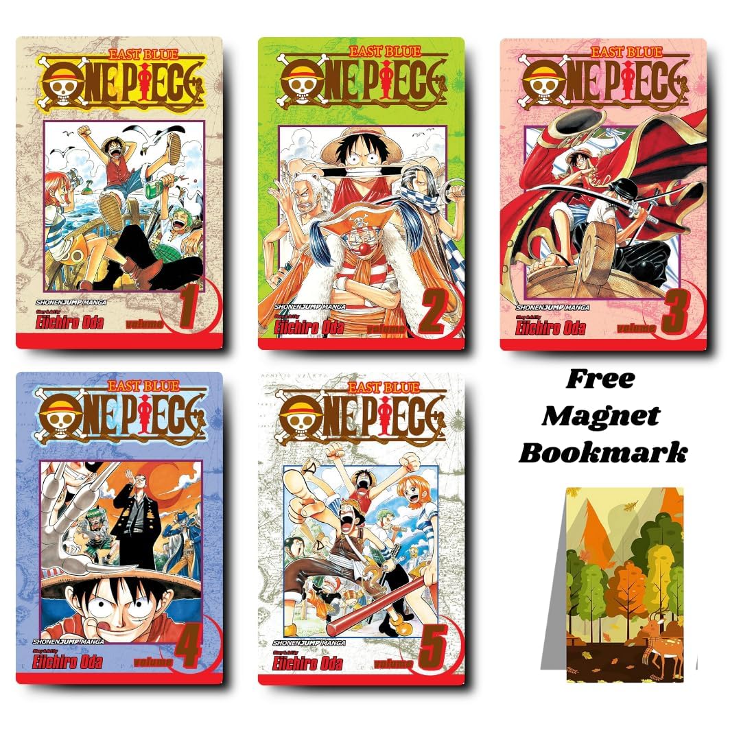 One Piece Vol.1, 2, 3, 4, & 5 Comic Book Set with Free Magnet Bookmark, 5 Volumes