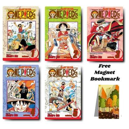One Piece Vol.1, 2, 3, 4, & 5 Comic Book Set with Free Magnet Bookmark, 5 Volumes