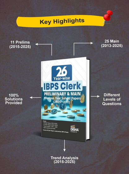 Disha 26 Year-wise IBPS Clerk Preliminary & Main Exams Previous Year Solved Papers (2025 - 2011) 8th Edition