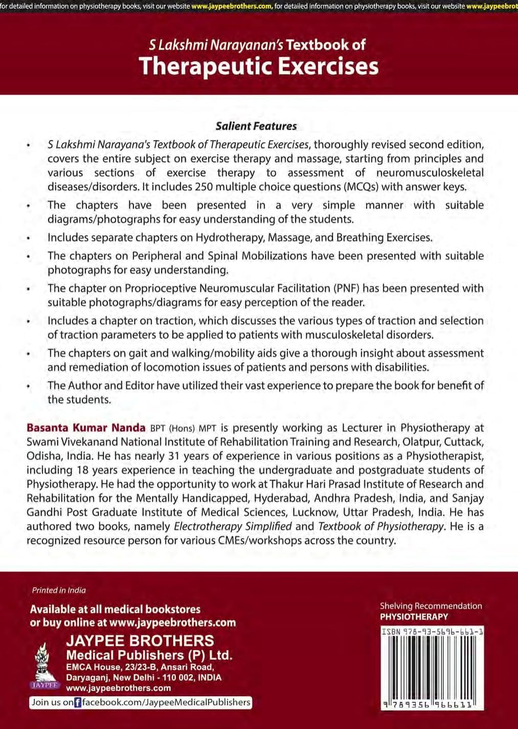 S Lakshmi Narayanan's Textbook of Therapeutic Exercises, 2/E for BPT/ Physiotherapy Students | Exercise Therapy, Assessment, Mobilization, PNF, Traction, Gait Training and 250 MCQs with Answer Keys